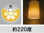 約220度(配光のイメージイラストと器具に装着した場合の見え方)