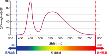 照明用白色LEDの一般的な分光分布図（グラフ）