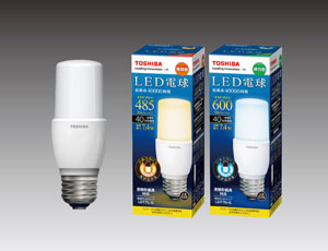 LED電球「T形7.4W」パッケージ左から電球色（LDT7L-G）昼白色（LDT7N-G）の写真