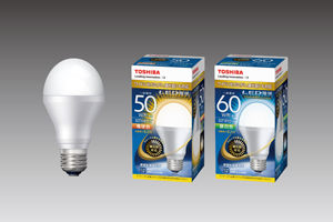 写真：LED電球 「一般電球形　調光器対応モデル」パッケージ左から電球色（LDA8L-G-K/D/50W）、昼白色（LDA8N-G-K/D/60W）