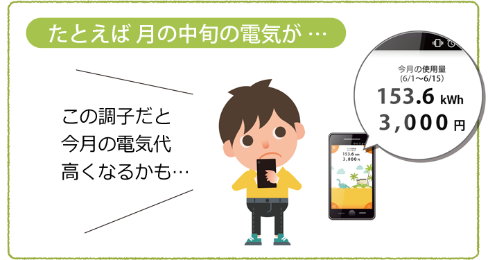 たとえば月の中旬の電気代が・・・この調子で月末までいくと今月の電気代、いつもより高くなるかも・・・ 今月の使用量(6/1〜6/15)153.6kWh 3000円