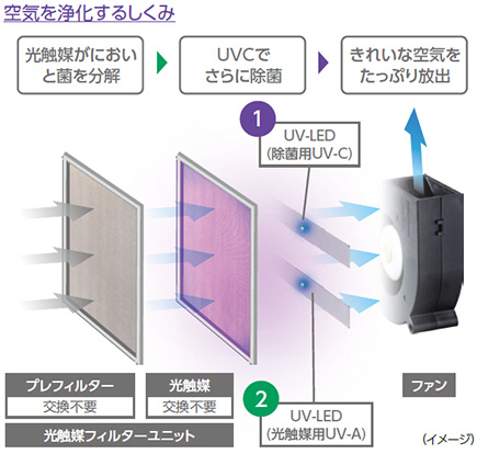 空気を浄化する仕組み（説明画像）光触媒がにおいと菌を分解 → UVCでさらに除菌 → きれいな空気をたっぷり放出　ファン UV-LED（除菌用UV-C）UV-LED（光触媒用UV-A）光触媒（交換不要）プレフィルター（交換不要）